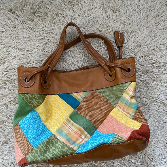 FOSSIL Large Leather Tote Vtg Patchwork Suede Canvas Boho Hobo Hippie - Picture 13 of 15